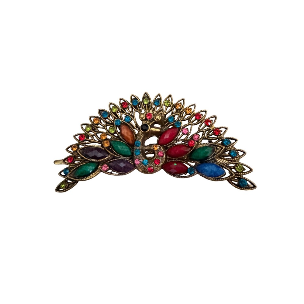 Vintage Style Peacock Hair Clip Gold Tone Multi Color Rhinestone Filigree Boho